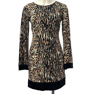 Cache Brown Black Leopard Print Long Sleeve Mini Dress Women’s Size 8 Sequin